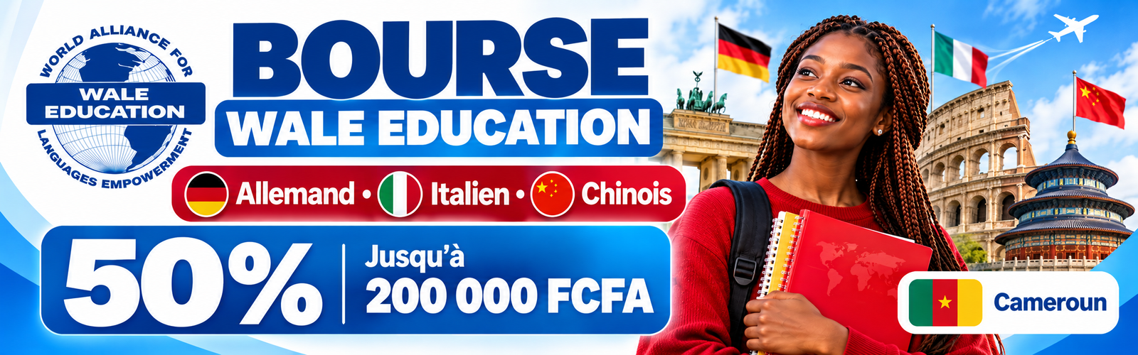 Bourse WALE EDUCATION 2026–2027 : cours de langues au Cameroun financés à 50 % — Yaoundé